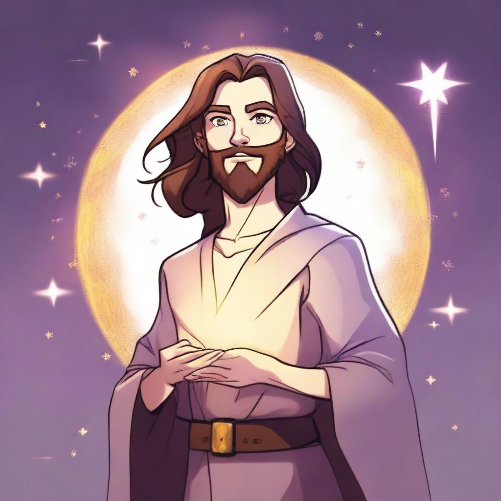 A cartoon drawing of a white-skinned teen sorcerer with long brown hair, violet eyes, and a brown beard