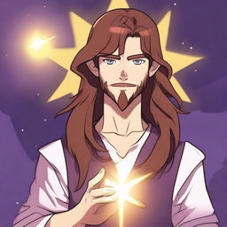 A cartoon drawing of a white-skinned teen sorcerer with long brown hair, violet eyes, and a brown beard