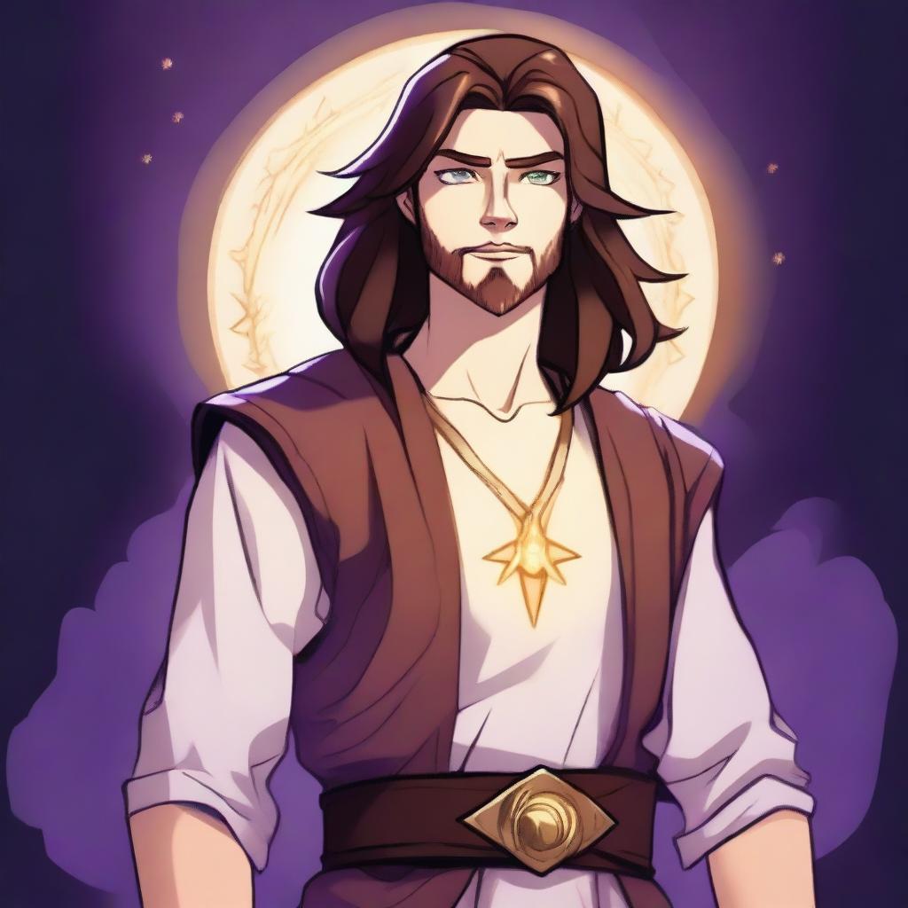 A cartoon-style drawing of a white-skinned teen sorcerer with long brown hair, violet eyes, and a brown beard