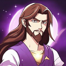 A cartoon-style drawing of a white-skinned teen sorcerer with long brown hair, violet eyes, and a brown beard