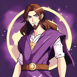 A cartoon-style drawing of a white-skinned teen sorcerer with long brown hair, violet eyes, and a brown beard