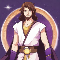 A cartoon-style drawing of a white-skinned teen sorcerer with long brown hair, violet eyes, and a brown beard