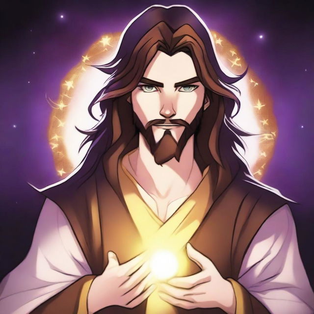 A cartoon drawing of a white-skinned teen sorcerer with long brown hair, violet eyes, and a brown beard