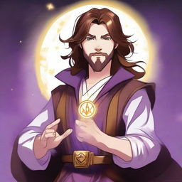 A cartoon drawing of a white-skinned teen sorcerer with long brown hair, violet eyes, and a brown beard