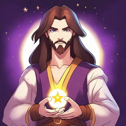 A cartoon drawing of a white-skinned teen sorcerer with long brown hair, violet eyes, and a brown beard