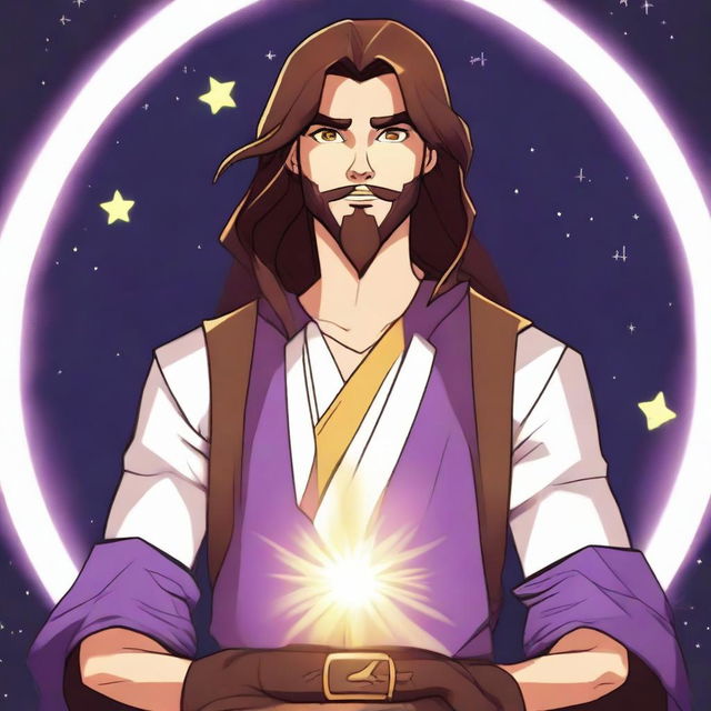 A cartoon drawing of a white-skinned teen sorcerer with long brown hair, violet eyes, and a brown beard