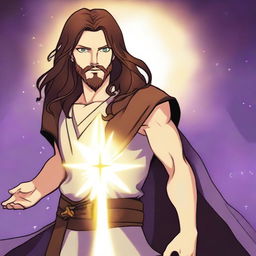 A cartoon drawing of a white-skinned teen sorcerer with long brown hair, violet eyes, and a brown beard