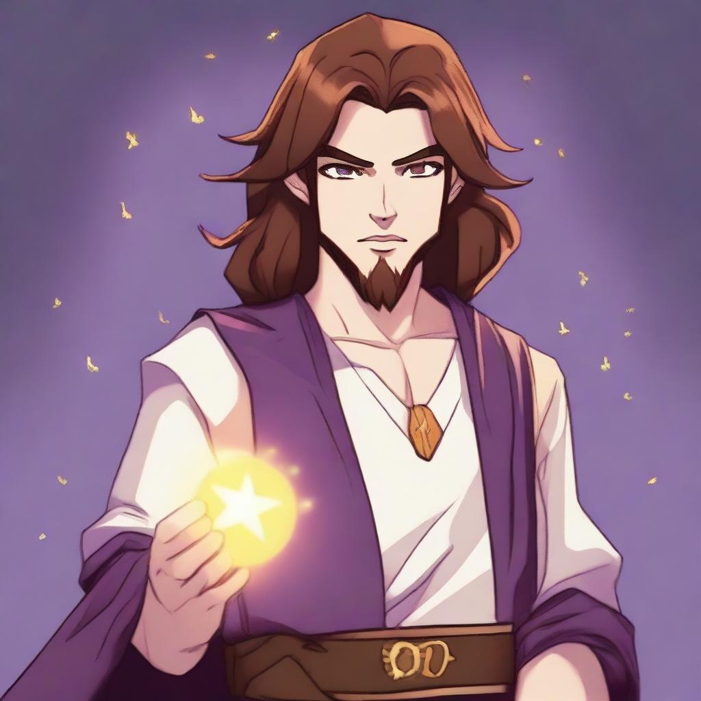 A cartoon drawing of a white-skinned teen sorcerer with long brown hair, violet eyes, and a brown beard