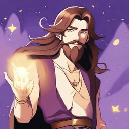 A cartoon drawing of a white-skinned teen sorcerer with long brown hair, violet eyes, and a brown beard