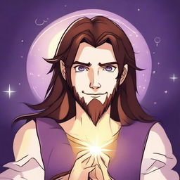 A cartoon drawing of a white-skinned teen sorcerer with long brown hair, violet eyes, and a brown beard