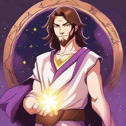 A cartoon drawing of a white-skinned teen sorcerer with long brown hair, violet eyes, and a brown beard