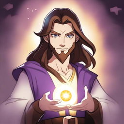 A cartoon drawing of a white-skinned teen sorcerer with long brown hair, violet eyes, and a brown beard