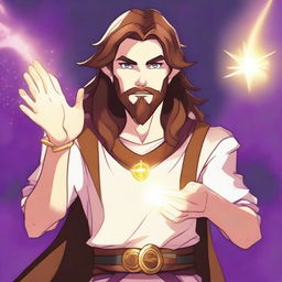 A cartoon drawing of a white-skinned teen sorcerer with long brown hair, violet eyes, and a brown beard