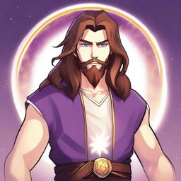 A cartoon drawing of a white-skinned teen sorcerer with long brown hair, violet eyes, and a brown beard