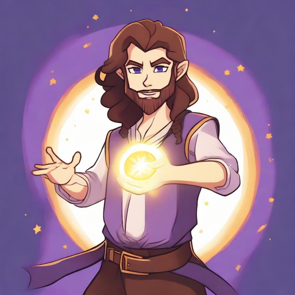 A cartoon drawing of a white-skinned teen sorcerer with long brown hair, violet eyes, and a brown beard