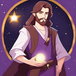 A cartoon drawing of a white-skinned teen sorcerer with long brown hair, violet eyes, and a brown beard