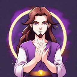 A cartoon drawing of a white-skinned teen sorcerer with long brown hair, violet eyes, and a brown beard