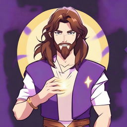 A cartoon drawing of a white-skinned teen sorcerer with long brown hair, violet eyes, and a brown beard