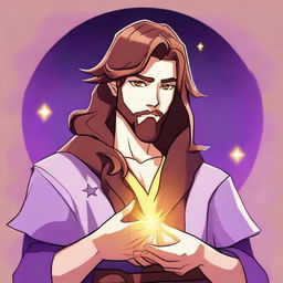 A cartoon-style drawing of a white-skinned teen sorcerer with long brown hair, violet eyes, and a brown beard