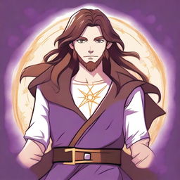 A cartoon-style drawing of a white-skinned teen sorcerer with long brown hair, violet eyes, and a brown beard