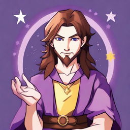 A cartoon-style drawing of a white-skinned teen sorcerer with long brown hair, violet eyes, and a brown beard