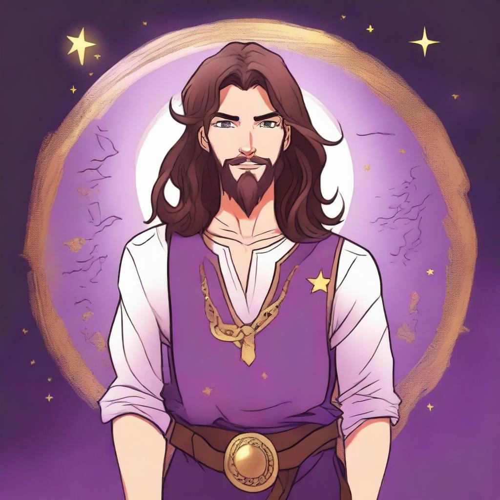 A cartoon-style drawing of a white-skinned teen sorcerer with long brown hair, violet eyes, and a brown beard