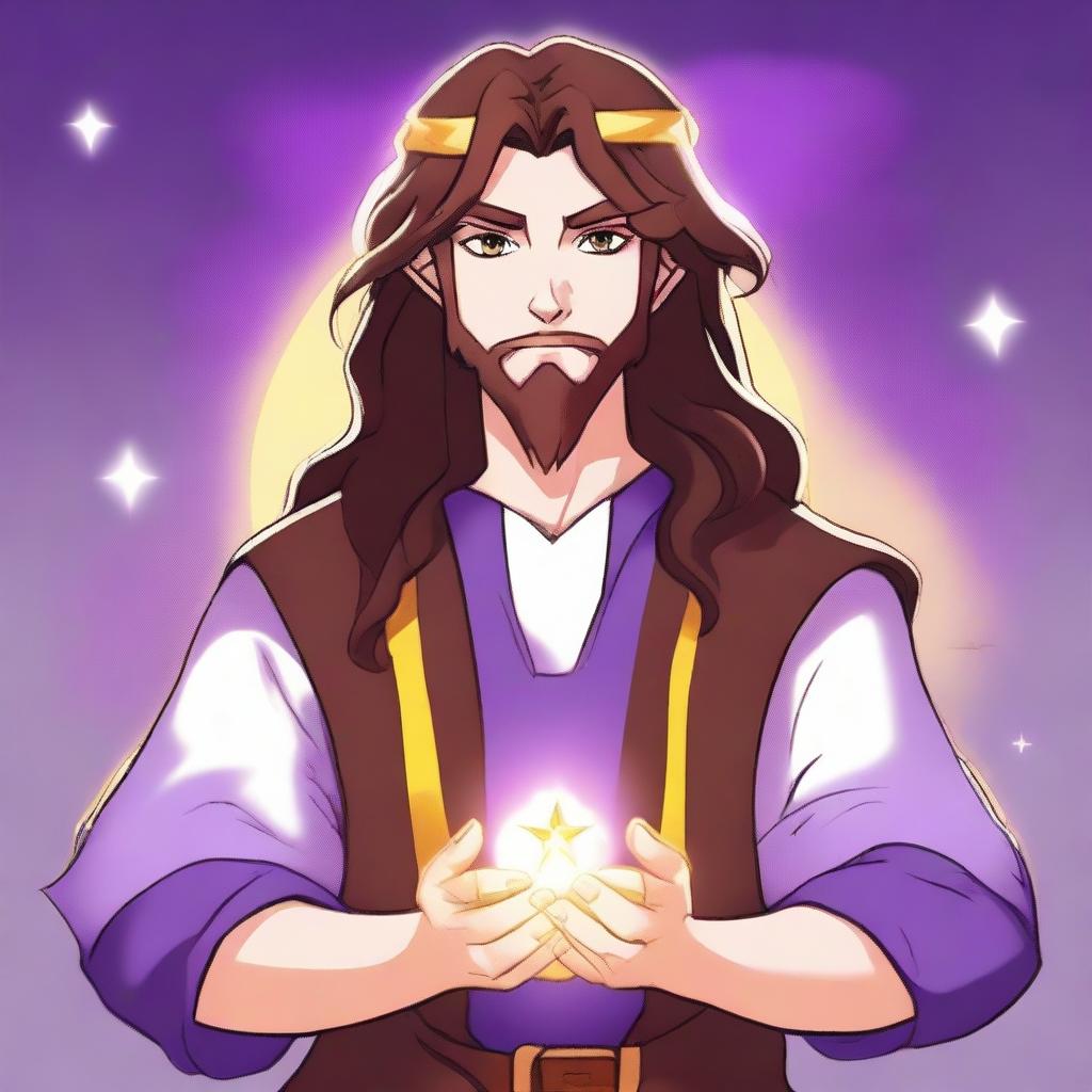 A cartoon drawing of a white-skinned teen sorcerer with long brown hair, violet eyes, and a brown beard