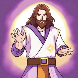 A cartoon drawing of a white-skinned teen sorcerer with long brown hair, violet eyes, and a brown beard