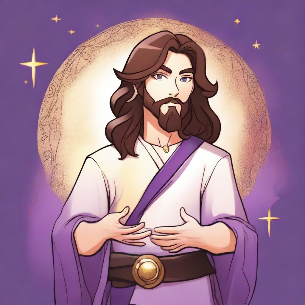 A cartoon drawing of a white-skinned teen sorcerer with long brown hair, violet eyes, and a brown beard