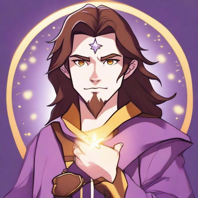 A cartoon drawing of a white-skinned teen sorcerer with long brown hair, violet eyes, and a brown beard