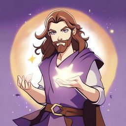 A cartoon drawing of a white-skinned teen sorcerer with long brown hair, violet eyes, and a brown beard