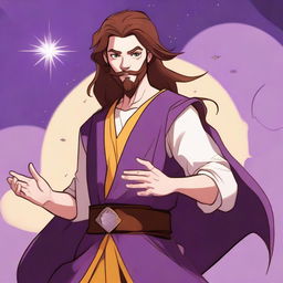 A cartoon drawing of a white-skinned teen sorcerer with long brown hair, violet eyes, and a brown beard