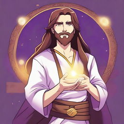 A cartoon drawing of a white-skinned teen sorcerer with long brown hair, violet eyes, and a brown beard