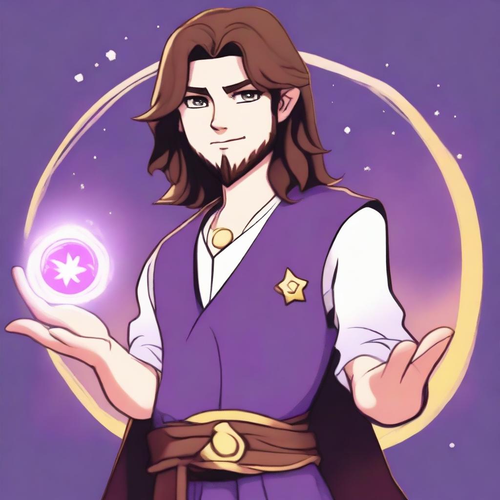 A cartoon drawing of a white-skinned teen sorcerer with long brown hair, violet eyes, and a brown beard