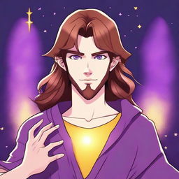 A cartoon drawing of a white-skinned teen sorcerer with long brown hair, violet eyes, and a brown beard