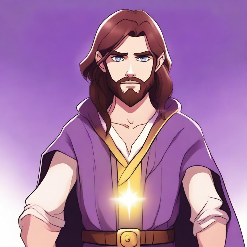 A cartoon drawing of a white-skinned teen sorcerer with long brown hair, violet eyes, and a brown beard