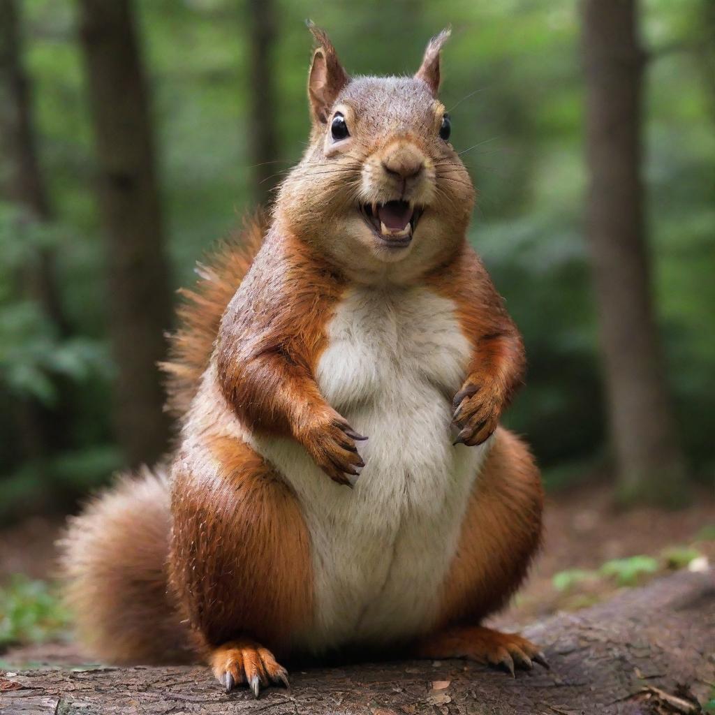 A surreal interpretation of a 300-pound squirrel, endowed with exaggerated lumpiness, horrifyingly sharp teeth, and spotted with acne.