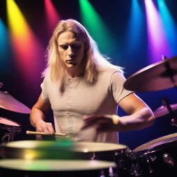 A handsome blonde man with long hair playing the drums