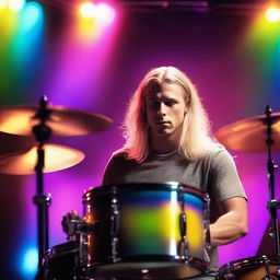 A handsome blonde man with long hair playing the drums