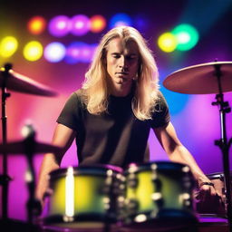 A handsome blonde man with long hair playing the drums