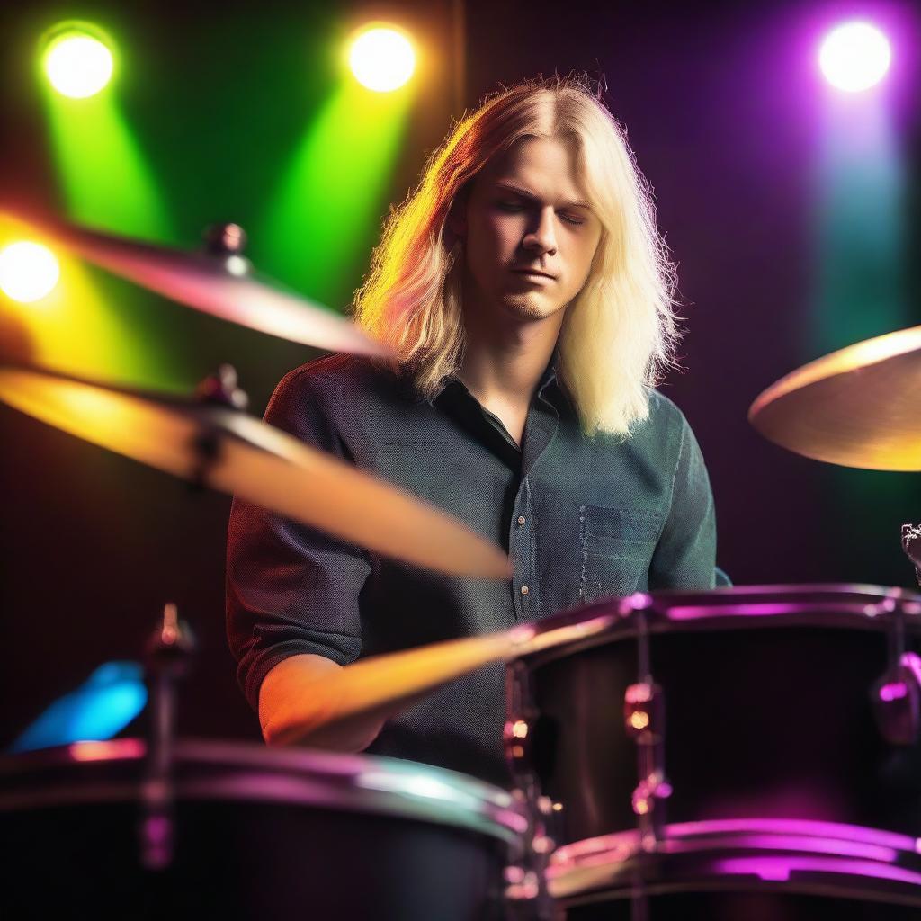 A handsome blonde man with long hair playing the drums