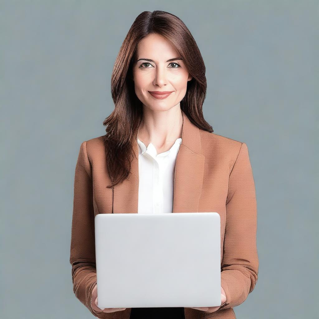 A beautiful, slim white woman with brown hair and brown eyes, wearing a jacket and holding a laptop