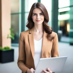 A beautiful, slim white woman with brown hair and brown eyes, wearing a jacket and holding a laptop