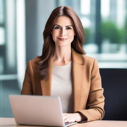 A beautiful, slim white woman with brown hair and brown eyes, wearing a jacket and holding a laptop