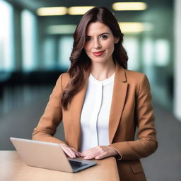 A beautiful, slim white woman with brown hair and brown eyes, wearing a jacket and holding a laptop