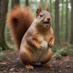 A surreal interpretation of a 300-pound squirrel, endowed with exaggerated lumpiness, horrifyingly sharp teeth, and spotted with acne.