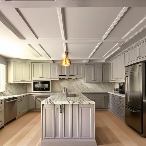 An intricately designed, spacious kitchen detailing the dimensions: ceiling height, countertop length and width, size of the center island, distance between appliances. Features include stainless steel appliances, marble countertops, and ambient lighting fixtures.