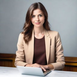 A beautiful, slim young white woman with brown hair and brown eyes, wearing a jacket and holding a laptop