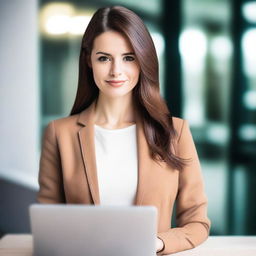 A beautiful, slim young white woman with brown hair and brown eyes, wearing a jacket and holding a laptop