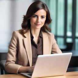 A beautiful, slim young white woman with brown hair and brown eyes, wearing a jacket and holding a laptop